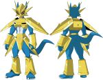  5_toes absurd_res armor bandai_namco barefoot blue_body blue_skin butt claws digimon digimon_(species) feet hi_res humanoid_feet magnamon male model_sheet muscular scalie solo sparksstars toes 