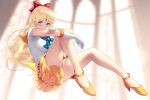  1girl bangs bishoujo_senshi_sailor_moon blonde_hair blue_eyes blush bow brooch cait_aron closed_mouth elbow_gloves floating full_body gloves hair_bow hair_ornament highres jewelry long_hair looking_at_viewer orange_footwear orange_skirt pleated_skirt red_bow sailor_venus shirt skirt smile solo thighs white_gloves white_shirt 