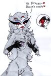  anthro anthro_on_anthro avian beak bird black_body black_fur blitzo_(helluva_boss) blush bodily_fluids breast_grab breasts clothed clothing crossgender demon dialogue duo feathers female fur grey_body grey_feathers hand_on_breast helluva_boss hi_res horn imp lactating male male/female mature_female multicolored_body multicolored_fur nipples offscreen_character offscreen_male open_mouth open_smile owl red_eyes seductive simple_background skeleslay smile stolas_(helluva_boss) two_tone_body two_tone_fur white_background white_body 