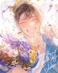  1boy ^_^ blush bouquet brown_hair closed_eyes confetti crown eiden_(nu_carnival) everydaysleep grin happy happy_birthday holding holding_bouquet male_focus nu_carnival short_hair smile solo v-shaped_eyebrows 