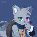  1:1 2_tails anthro asnnonaka blue_body blue_fur blue_scarf bust_portrait cheek_tuft claws clothed clothing ear_tuft facial_tuft finger_claws front_view fur glistening glistening_eyes green_eyes grey_body grey_fur grey_hair hair heterochromia male multi_tail pink_tongue portrait purple_eyes red_claws scarf short_hair shoulder_tuft signature simple_background solo species_request striped_body striped_ears striped_fur stripes tongue tuft 