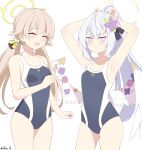  2girls alternate_costume alternate_hairstyle armpits azusa_(blue_archive) blue_archive blush breasts closed_eyes collarbone commentary flower grey_hair hair_flower hair_ornament hifumi_(blue_archive) highres light_brown_hair long_hair low_twintails multiple_girls ponytail reia_76 school_swimsuit small_breasts swimsuit twintails white_background wings 