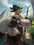  2022 anthro areola big_breasts blonde_hair breasts canid canine clothed clothing detailed_background female flashing flashing_breasts fur hair hat headgear headwear hi_res huge_breasts long_hair mammal nightingale_(artist) nipples one_breast_out open_mouth solo thick_thighs 