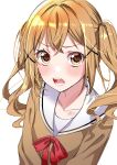  1girl absurdres annoyed bang_dream! bangs blonde_hair blush brown_shirt commentary_request crossed_bangs hair_ornament hanasakigawa_school_uniform highres ichigaya_arisa long_hair long_sleeves looking_at_viewer neck_ribbon open_mouth red_ribbon ribbon sailor_collar school_uniform serafuku shirt simple_background sketch solo teeth tottoto_tomekichi twintails upper_body v-shaped_eyebrows white_background white_sailor_collar x_hair_ornament yellow_eyes 