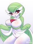  big_breasts blush breasts buutymon cleavage clothed clothing clothing_lift dress dress_lift female gardevoir generation_3_pokemon genitals green_hair hair hi_res nintendo no_underwear not_furry pokemon pokemon_(species) pussy solo video_games 