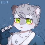  1:1 anthro asnnonaka black_pawpads blue_clothing blue_gloves blue_handwear blue_topwear blush bust_portrait cheek_tuft clothed clothing facial_tuft fingerless_gloves front_view fur glistening glistening_eyes gloves green_eyes grey_body grey_ears grey_fur handwear head_tuft looking_at_viewer male open_mouth pawpads portrait signature simple_background solo species_request topwear tuft whiskers white_body white_fur 