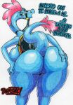  2020 alien anthro anus areola bedroom_eyes bent_over big_breasts big_butt black_eyes blue_body blue_nipples blush breasts butt crouching dialogue female glistening glistening_body glistening_breasts glistening_skin hand_on_butt hi_res huge_butt huge_thighs looking_at_viewer looking_back narrowed_eyes nipples nude parasitedeath reins seductive simple_background solo spanish_text sylvia_(wander_over_yonder) text thick_thighs traditional_media_(artwork) wander_over_yonder white_background zbornak 