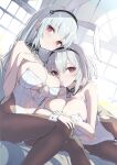 2girls anchor_symbol animal_ears azur_lane bare_shoulders between_breasts black_hairband blush breasts clothing_cutout commentary day dido_(azur_lane) earrings eyelashes gotyou hairband hand_on_own_chest highleg highleg_leotard highres indoors jewelry lace-trimmed_hairband lace_trim leotard long_hair looking_at_viewer lying multiple_girls navel navel_cutout o-ring on_side pantyhose parted_lips playboy_bunny rabbit_ears red_eyes sirius_(azur_lane) sitting sunlight thigh_gap white_hair white_leotard window wrist_cuffs 