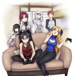  1boy 6+girls absurdres bandaged_hand bandages bazett_fraga_mcremitz black_gloves black_hair black_pants black_ribbon blonde_hair blue_eyes blue_sweater caren_hortensia chloe_von_einzbern cleavage_cutout closed_eyes clothing_cutout collared_shirt controller couch dark-skinned_female dark_skin drill_hair earrings emiya_shirou fate/kaleid_liner_prisma_illya fate_(series) game_controller genma496 gloves hair_ribbon highres holding holding_controller holding_game_controller illyasviel_von_einzbern indian_style jewelry light_purple_hair long_hair long_sleeves luviagelita_edelfelt miyu_edelfelt multiple_girls necktie one_side_up orange_eyes orange_hair pants quad_drills raglan_sleeves red_eyes red_hair red_necktie red_shirt ribbon ringlets shirt short_hair sitting sleeveless sleeveless_shirt sleeveless_sweater smile sweater tohsaka_rin two_side_up white_hair white_shirt yellow_eyes 