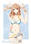  1girl bangs bikini black_bodysuit blue_eyes bodysuit breast_tattoo breasts brown_hair cleavage eunie_(xenoblade) head_wings jacket large_breasts long_hair navel solo swimsuit tattoo uzumaki_(skydirt) white_wings wings xenoblade_chronicles_(series) xenoblade_chronicles_3 