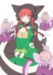  1girl animal_ears bow braid cat_ears cat_tail dress fang fang_out green_dress hood jyaoh0731 kaenbyou_rin multiple_tails nekomata red_eyes red_hair scythe smile solo tail touhou twin_braids zombie_fairy_(touhou) 