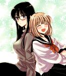  2girls :d bangs black-framed_eyewear black_hair black_sailor_collar black_skirt blush breasts brown_shirt closed_eyes closed_mouth commentary_request copyright_name dated_commentary glasses happy himawari-san himawari-san_(character) kazamatsuri_matsuri large_breasts light_brown_hair long_hair long_skirt long_sleeves looking_at_viewer multiple_girls neckerchief open_mouth purple_eyes red_neckerchief sailor_collar school_uniform serafuku shirt short_hair simple_background sitting sketch skirt smile sugano_manami white_shirt 