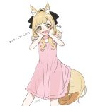  1girl :d aged_down animal_ears arknights black_bow blemishine_(arknights) blonde_hair bow cowboy_shot dress extra_ears hair_bow hands_on_own_face horse_ears horse_girl horse_tail long_hair open_mouth pink_dress ponytail see-through see-through_dress seto_tinami sidelocks simple_background smile solo tail teeth white_background 