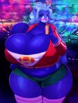  2022 absolute_territory ailurid anthro bao_azalea belly beverage big_breasts big_butt blue_body blue_fur blush breasts butt cleavage clothed clothing female fur hi_res huge_breasts huge_butt jacket looking_at_viewer mammal midriff red_panda riendonut slightly_chubby solo thick_thighs topwear wide_hips 