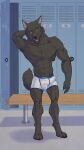  anthro black_body black_fur bulge canid canine canis clothed clothing detailed_bulge embarrassed erection erection_under_clothing fur genitals hi_res humanoid_genitalia humanoid_penis locker_room male mammal muscular muscular_male penis solo somecrazybastard translucent translucent_clothing underwear wolf 
