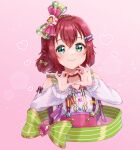  1girl absurdres alternate_hairstyle bangs birthday braid candy_hair_ornament choker collarbone commentary food-themed_hair_ornament green_eyes hair_ornament hair_ribbon heart heart_hands highres kurosawa_ruby kyaku_tatsu looking_at_viewer love_live! love_live!_sunshine!! pink_background red_hair ribbon short_hair side_braid sidelocks signature smile star_(symbol) upper_body 