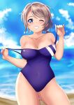  1girl beach blue_eyes blue_one-piece_swimsuit blue_sky breasts brown_hair cleavage cloud commentary_request competition_swimsuit covered_navel cowboy_shot day grin highres horizon large_breasts love_live! love_live!_sunshine!! low_ponytail nanja_najav ocean one-piece_swimsuit one-piece_tan outdoors short_hair sky smile solo swimsuit tan tanlines watanabe_you 