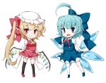  2girls ahoge ascot black_thighhighs blonde_hair blue_bow blue_eyes blue_footwear blue_hair blue_skirt blue_vest bow cirno closed_mouth crystal flandre_scarlet full_body hair_bow hat ice ice_wings jyaoh0731 looking_at_viewer mob_cap multiple_girls one_side_up open_mouth pointy_ears red_eyes red_footwear red_skirt red_vest shirt short_sleeves simple_background skirt smile thighhighs touhou vest white_background white_headwear white_shirt white_thighhighs wings yellow_ascot 