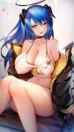  1girl absurdres arknights binggong_asylum blue_eyes blue_hair blue_lips blue_tongue breast_hold breasts choker cleavage colored_tongue dark_halo demon_horns grabbing_own_breast hair_between_eyes halo heart highres horns huge_breasts jacket long_hair looking_at_viewer mostima_(arknights) navel off_shoulder open_clothes paid_reward_available sitting smile solo sports_bra thighs white_sports_bra 