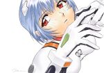  1girl ayanami_rei bangs blue_hair bodysuit from_above gloves head_tilt interface_headset looking_to_the_side neon_genesis_evangelion parted_lips pilot_suit plugsuit portrait red_eyes short_hair signature solo white_bodysuit white_gloves yue_(yung_n_dum_) 