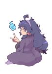  1girl absurdres ahoge bangs breasts closed_mouth dress from_behind full_body hairband hex_maniac_(pokemon) highres long_hair looking_at_viewer looking_back pokemon poorsdraws purple_eyes purple_hair purple_hairband simple_background sitting solo v white_background 