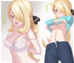  1girl ^^^ blonde_hair border bra breasts clothes_lift commentary_request cynthia_(pokemon) eyelashes gazing_eye green_shirt grey_background grey_eyes hair_ornament hair_over_one_eye highres lifted_by_self long_hair multiple_views navel open_fly open_mouth pants pokemon pokemon_(anime) pokemon_journeys shirt shirt_lift translation_request unbuttoning underwear white_bra 