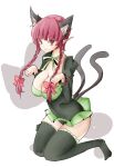 1girl animal_ears bow braid breasts cat_ears cat_tail cleavage extra_ears jyaoh0731 kaenbyou_rin large_breasts multiple_tails nekomata paw_pose pointy_ears red_eyes red_hair solo tail thighhighs touhou twin_braids two_tails 