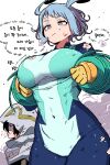  1boy 1girl amajiki_tamaki blue_hair blush bodysuit boku_no_hero_academia breasts cropped_legs hadou_nejire kingbawoon large_breasts torn_bodysuit torn_clothes 