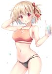  1girl :o absurdres bare_arms black_panties blonde_hair blush collarbone cup drinking_straw hair_ribbon highres holding holding_cup korie_riko looking_at_viewer lycoris_recoil navel nishikigi_chisato open_mouth panties red_eyes red_sports_bra ribbon short_hair simple_background solo sports_bra standing thighs underwear water_drop white_background 