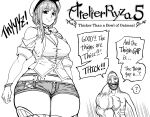  1boy 1girl absurdres asymmetrical_arms atelier_(series) atelier_ryza bb_(baalbuddy) breasts cleavage coomer_(meme) english_text greyscale hat highres jacket meme monochrome open_clothes open_jacket reisalin_stout short_hair short_shorts shorts simple_background speech_bubble thighhighs thighs white_background 