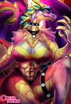  2022 anthro black_clothing blue_eyes breasts clothing dragon female fingers fur fur_tuft hair hi_res horn multicolored_body multicolored_eyes multicolored_scales omegatherio pink_text pupils purple_body purple_scales scales scalie tail_tuft teeth text tuft yellow_body yellow_eyes yellow_fur yellow_horn yellow_scales yellow_tail 