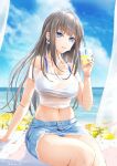  1girl arm_support bangs bare_shoulders bikini bikini_under_clothes blue_bikini blue_eyes blue_sky breasts cloud collarbone commentary_request commission cup day denim denim_skirt disposable_cup drinking_straw earrings grey_hair grin hand_up holding holding_cup jewelry large_breasts long_hair looking_at_viewer miniskirt ocean off-shoulder_shirt off_shoulder original outdoors pencil_skirt shirt short_sleeves sidelocks sitting skirt sky smile solo swimsuit thighs very_long_hair water white_shirt yokaze_(yokajie) 