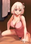 1boy 1girl a1 babydoll bangs bare_shoulders blonde_hair blush bob_cut bow_babydoll breasts cleavage collarbone frilled_babydoll girl_on_top hair_rings indoors large_breasts lingerie lycoris_recoil lying nishikigi_chisato on_back one_side_up open_mouth pink_babydoll red_eyes red_ribbon ribbon short_hair sitting sitting_on_person smile solo_focus straddling underwear underwear_only 