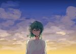  1boy blue_eyes cloud green_hair hair_between_eyes hmsj_yr_my leonardo_(taiso_samurai) medium_hair outdoors shirt smile solo taiso_samurai twilight upper_body white_shirt wind 