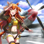  1girl absurdres aircraft airfield airplane animal_ears bangs bomber_jacket brown_jacket canopy_(aircraft) cheesecake_(artist) commentary crop_top diffraction_spikes dog_tags ear_bow hair_between_eyes highres horse_ears horse_girl horse_tail jacket lens_flare long_hair long_sleeves looking_at_viewer mayano_top_gun_(umamusume) midriff navel one_eye_closed open_clothes open_jacket open_mouth orange_eyes orange_hair p-51_mustang propeller pun salute short_shorts shorts sidelocks solo tail tank_top two_side_up umamusume white_shorts yellow_tank_top 