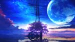  blue_sky cable cloud cloudy_sky fantasy glowing highres landscape light_particles moon no_humans ocean original reflection reflective_water scenery shadow sky smile_(qd4nsvik) star_(sky) starry_sky sunrise tower tree 