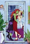  2girls absurdres artist_request batman_(series) blonde_hair blue_eyes breasts cleavage colored_skin dc_comics dress green_eyes green_skin harley_quinn highres hug large_breasts lipstick long_hair looking_at_viewer makeup multiple_girls poison_ivy red_hair smile twintails wife_and_wife yuri 