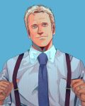  1boy animification better_call_saul blonde_hair blue_background blue_necktie blue_shirt breaking_bad collared_shirt english_commentary forehead head_tilt highres howard_hamlin male_focus necktie prim42 shirt smile solo suspenders_pull 