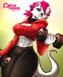  2022 abs anthro athletic athletic_anthro athletic_female black_bottomwear black_clothing bottomwear breasts cleavage cleavage_cutout clothed clothing exercise female fur hair hi_res holding_object hoodie mammal midriff omegatherio pink_hair red_clothing red_hoodie red_topwear solo topwear white_body white_fur white_tail workout 