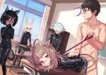  2boys 3girls ahoge animal_ears bdsm black_bodysuit black_hair blonde_hair blush bodysuit bondage bound bound_arms brown_hair cat_ears cat_girl cat_tail classroom collarbone commentary_request commission covering_mouth cow_ears cow_girl cow_horns cow_tail dark-skinned_female dark_skin dog_boy dog_ears glasses grey_hair hair_between_eyes hair_over_eyes highres horns latex latex_bodysuit leash lolicom long_hair looking_at_another multiple_boys multiple_girls original purple_eyes rabbit_ears rabbit_girl red_eyes sex short_hair skeb_commission skin_tight tail teacher_and_student 