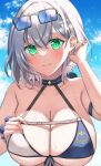  1girl armband bikini blue_sky breasts cleavage closed_mouth cloud collarbone commentary day eyewear_on_head green_eyes grey_hair hand_in_own_hair highres hololive large_breasts looking_at_viewer outdoors scrunchie shirogane_noel sky smile solo sunglasses swimsuit uissu underboob upper_body virtual_youtuber wet wrist_scrunchie 