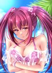  1girl arms_under_breasts bikini blue_sky blush breasts cleavage crossed_arms fate/grand_order fate_(series) frilled_bikini frills frown highres hikaru_310 large_breasts lips ocean outdoors palm_tree purple_bikini red_eyes scathach_(fate) scathach_skadi_(swimsuit_ruler)_(fate) scathach_skadi_(swimsuit_ruler)_(first_ascension)_(fate) see-through sky solo swimsuit tree twintails 