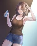  1girl absurdres arm_up armpits bang_dream! bangs bare_arms bare_shoulders black_tank_top blue_background blue_eyes blue_shorts blurry blurry_background blush bottle breasts brown_background brown_hair closed_mouth collarbone commentary_request cowboy_shot dolphin_shorts dutch_angle gradient gradient_background hair_between_eyes hair_lift hair_ornament hairclip hand_up highres holding holding_bottle korean_commentary looking_at_viewer medium_breasts medium_hair mixed-language_commentary okusawa_misaki ptal shorts solo standing sweat tank_top water_bottle wet wet_hair 