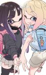  2girls backpack bag bangs black_hair blonde_hair blue_eyes child domino_mask dorontabi eyelashes fang gradient_hair highres inkling inkling_girl keychain mask mouth_mask multicolored_hair multiple_girls purple_eyes randoseru shorts splatoon_(series) thighhighs v white_background zettai_ryouiki 