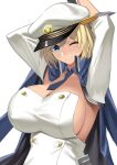  1girl alternate_breast_size arms_up azur_lane black_gloves blonde_hair blue_eyes blue_necktie breasts buttons california_(azur_lane) dark-skinned_female dark_skin double-breasted gen_(black_factory) gloves hat highres huge_breasts long_hair looking_at_viewer military_hat necktie short_necktie simple_background solo upper_body white_background 