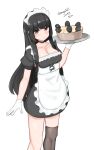  1girl absurdres alternate_costume apron asymmetrical_legwear black_dress black_hair black_thighhighs breasts cleavage dress enmaided frilled_apron frills gloves hair_ribbon highres isokaze_(kancolle) kantai_collection large_breasts long_hair looking_at_viewer maid maid_headdress maru_(marg0613) one-hour_drawing_challenge red_eyes ribbon single_thighhigh solo standing stargazy_pie thighhighs tress_ribbon white_apron white_gloves 