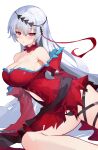  1girl arknights arm_support bangs bare_shoulders blush breasts cleavage clothing_cutout dress grey_hair headband highres kirsos large_breasts long_hair long_sleeves looking_at_viewer navel navel_cutout neck_garter off-shoulder_dress off_shoulder parted_lips reclining red_dress red_eyes short_dress simple_background skadi_(arknights) skadi_the_corrupting_heart_(arknights) skindentation solo thigh_strap upskirt very_long_hair white_background 