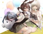  2girls amiya_(arknights) animal_ears arknights balloon black_dress black_tube_top blue_collar blue_eyes blush breasts brown_hair cat_ears cat_girl cleavage collar dango dress eating food green_eyes green_skirt grey_hair groin highres holding holding_food jacket jewelry kal&#039;tsit_(arknights) looking_at_viewer medium_breasts multiple_girls multiple_rings navel neck_ring open_clothes open_jacket ponytail ring short_hair sidelocks simple_background sitting skirt smile strapless tabayashi thighlet thighs tube_top wagashi white_jacket 