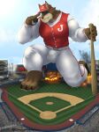  2021 absurd_res anthro baseball_(sport) baseball_bat bat_(object) belt bottomwear clothing cloud crowd dirt extreme_size_difference fire grass group hi_res koa_wolf looking_down macro male micro pants plant red_clothing red_topwear size_difference sky sleeves solo sport stadium tipping_hat topwear white_bottomwear white_clothing white_pants 