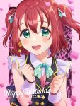  1girl absurdres arrow_hair_ornament bangs birthday blush clenched_hands commentary confetti dated earrings english_text glowstick green_eyes happy_birthday highres jewelry kurosawa_ruby kyaku_tatsu looking_at_viewer love_live! love_live!_sunshine!! pink_background red_hair shiny shiny_hair short_hair sidelocks signature smile solo two_side_up upper_body 